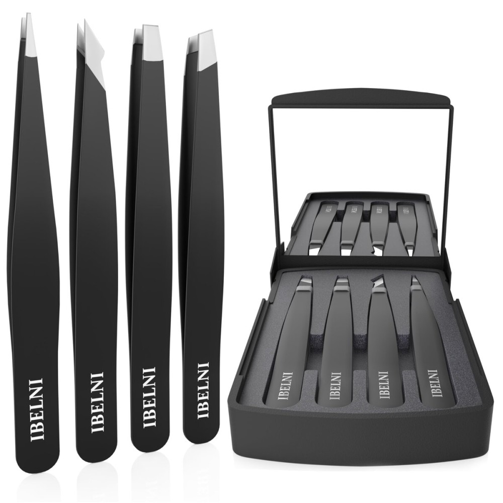 Tweezers Set with Mirror Case - Tweezers for Women facial hair-Professional Twizzers Facial Hair Tweezers for Eyebrows- Stainless Steel Tweezer kit with mirror compact (Black)
