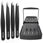 Tweezers Set with Mirror Case - Tweezers for Women facial hair-Professional Twizzers Facial Hair Tweezers for Eyebrows- Stainless Steel Tweezer kit with mirror compact (Black)