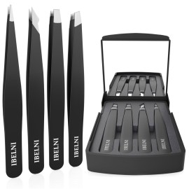Tweezers Set with Mirror Case - Tweezers for Women facial hair-Professional Twizzers Facial Hair Tweezers for Eyebrows- Stainless Steel Tweezer kit with mirror compact (Black)