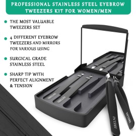 Tweezers Set with Mirror Case - Tweezers for Women facial hair-Professional Twizzers Facial Hair Tweezers for Eyebrows- Stainless Steel Tweezer kit with mirror compact (Black)