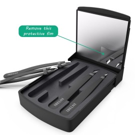 Tweezers Set with Mirror Case - Tweezers for Women facial hair-Professional Twizzers Facial Hair Tweezers for Eyebrows- Stainless Steel Tweezer kit with mirror compact (Black)