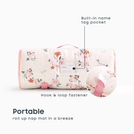 Wake In Cloud - Toddler Nap Mat with Pillow and Blanket, 100% Cotton Fabric, for Kids Girls in Daycare Kindergarten Preschool, Floral Botanical Flowers, Light Pink, Standard