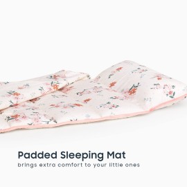 Wake In Cloud - Toddler Nap Mat with Pillow and Blanket, 100% Cotton Fabric, for Kids Girls in Daycare Kindergarten Preschool, Floral Botanical Flowers, Light Pink, Standard