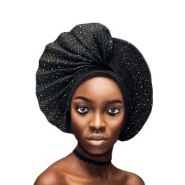 Already Made Nigerian ASO Oke Auto Gele with Stones Women Turban Hat Head Wrap African Headties Fashion Headbands for Party (Black)