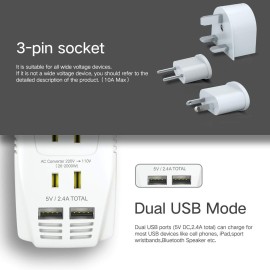 Upgraded 2000W 220V to 110V Voltage Converter Step Down Voltage for Hair Dryer,Straightener,Curling Iron,Cell Phone Power Converter with 2-Port USB and UK/AU/US/EU 10A Plug Adapter, White