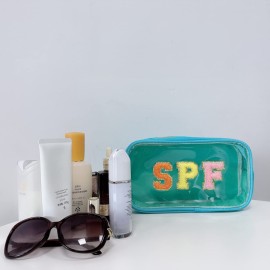 Clear Makeup Letter Bag with Chenille Letter Patch and Glitter SPF for Travel