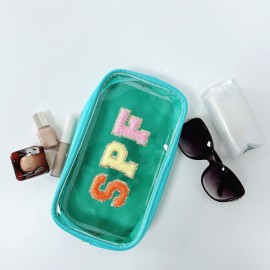 Clear Makeup Letter Bag with Chenille Letter Patch and Glitter SPF for Travel