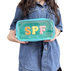 Clear Makeup Letter Bag with Chenille Letter Patch and Glitter SPF for Travel