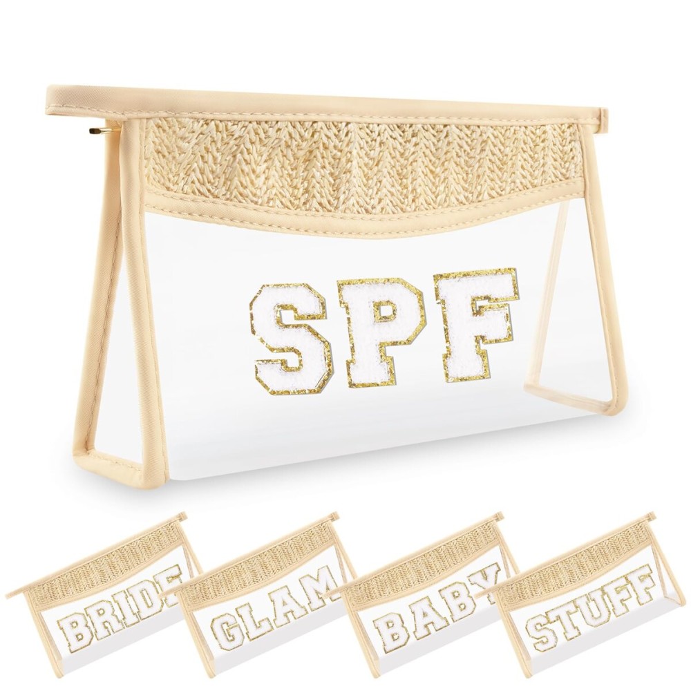 Small Boho Straw Clear Spf Makeup Bags for Women&Girls, Zipper Cosmetic Bag Chenille Varsity Letter Patch Bag, Preppy Cute Toiletry Pouch, Trendy Organizer Storage Bag for Beach Travel Essentials