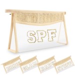 Small Boho Straw Clear Spf Makeup Bags for Women&Girls, Zipper Cosmetic Bag Chenille Varsity Letter Patch Bag, Preppy Cute Toiletry Pouch, Trendy Organizer Storage Bag for Beach Travel Essentials