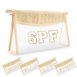 Small Boho Straw Clear Spf Makeup Bags for Women&Girls, Zipper Cosmetic Bag Chenille Varsity Letter Patch Bag, Preppy Cute Toiletry Pouch, Trendy Organizer Storage Bag for Beach Travel Essentials