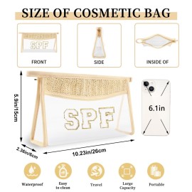 Small Boho Straw Clear Spf Makeup Bags for Women&Girls, Zipper Cosmetic Bag Chenille Varsity Letter Patch Bag, Preppy Cute Toiletry Pouch, Trendy Organizer Storage Bag for Beach Travel Essentials