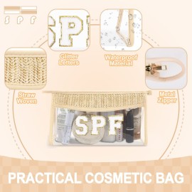 Small Boho Straw Clear Spf Makeup Bags for Women&Girls, Zipper Cosmetic Bag Chenille Varsity Letter Patch Bag, Preppy Cute Toiletry Pouch, Trendy Organizer Storage Bag for Beach Travel Essentials