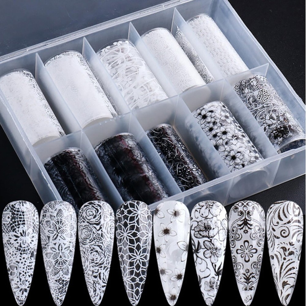 SILPECWEE 10 Rolls Lace Nail Foil for Long Acrylic Nails - Black White Flower & Starry Sky Holographic Nail Art Foil Decals for DIY Women\'s Fingernail Manicure Design SILPECWEE 10 Rolls Lace Nail Foil for Long Acrylic Nails - Black White Flower & Starry Sky Holographic Nail Art Foil Decals for DIY Women\'s Fingernail Manicure Design