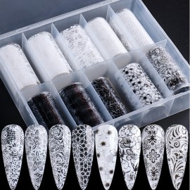 SILPECWEE 10 Rolls Lace Nail Foil for Long Acrylic Nails - Black White Flower & Starry Sky Holographic Nail Art Foil Decals for DIY Women\'s Fingernail Manicure Design SILPECWEE 10 Rolls Lace Nail Foil for Long Acrylic Nails - Black White Flower & Starry Sky Holographic Nail Art Foil Decals for DIY Women\'s Fingernail Manicure Design