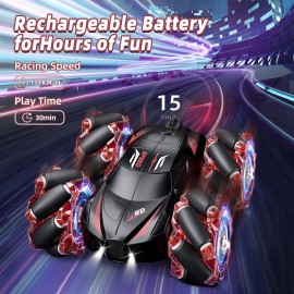 Jovow RC Stunt Car, 2.4GHz 4WD Gesture Sensing Remote Control Car with Cool Light and Music, Double-Sided 360 Flips RC Cars for Boys Age 6-12 8-12 Birthday Christmas Toy Cars(Red)