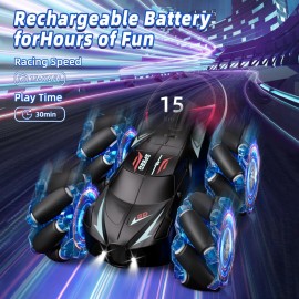 Jovow RC Stunt Car, 2.4GHz 4WD Gesture Sensing Remote Control Car with Cool Light and Music, Double-Sided 360 Flips RC Cars for Boys Age 6-12 8-12 Birthday Christmas Toy Cars(Blue)