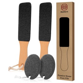 Pumice Stone Foot File, 4pcs Set Callus Remover for Feet with Wooden Handle, Pedicure Foot Scrubber to Remove Dead Skin, Dry, Rough, Corns Skin Scraper