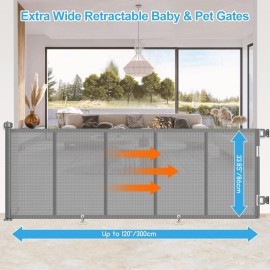 Upgrade 120 inch Retractable Baby Gates, EZIGO Extra Wide Baby Gate for Large Opening Extra Long Mesh Gate for Kids or Pet Dog Gate Child Safety Gate for Stairs Hallways Doorway Indoor Outdoor, Gray