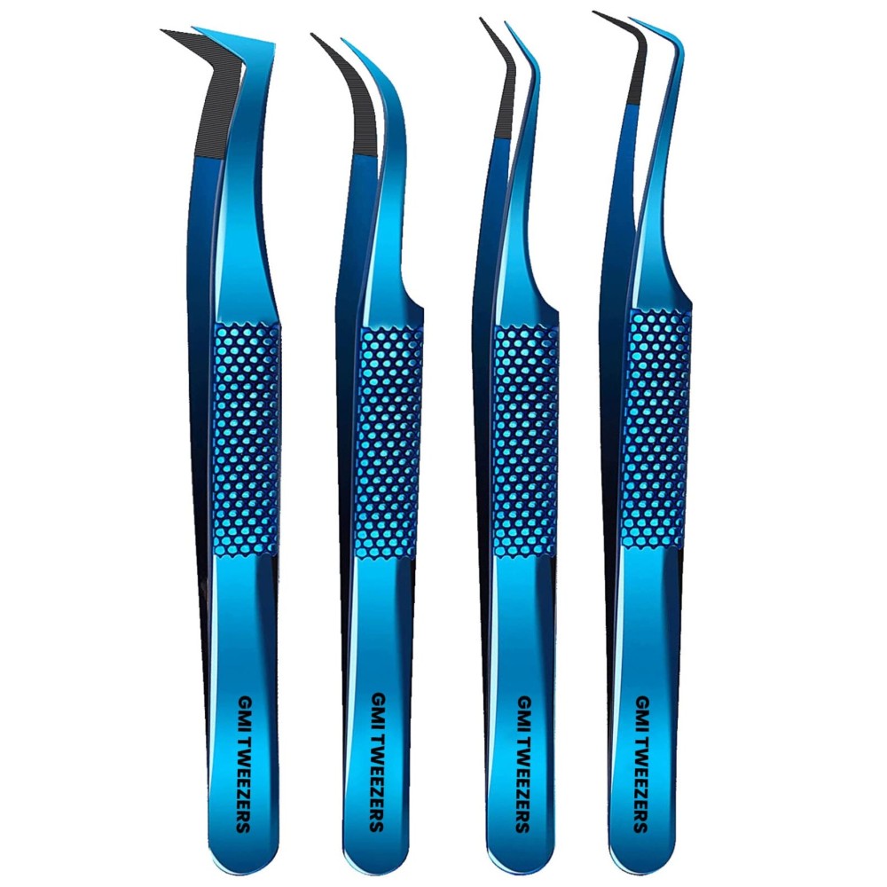 GMI Lash Tweezers - Pack of 4 Stainless Steel Fiber Tip Eyelash Extension Tweezers