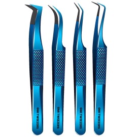 GMI Lash Tweezers - Pack of 4 Stainless Steel Fiber Tip Eyelash Extension Tweezers
