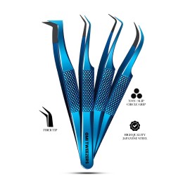 GMI Lash Tweezers - Pack of 4 Stainless Steel Fiber Tip Eyelash Extension Tweezers