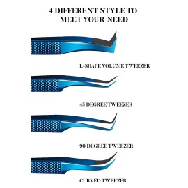 GMI Lash Tweezers - Pack of 4 Stainless Steel Fiber Tip Eyelash Extension Tweezers