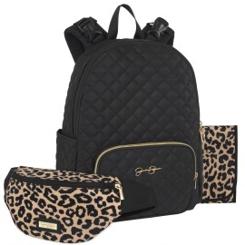 Jessica Simpson Black Quilted Diaper Bag Backpack with Insulated Pockets, Portable Changing Pad, Stroller Straps, Fanny Pack 3 Pc. Set (Camilla (With Fanny Pack))