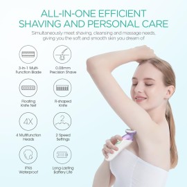 VOYOR Electric Razors for Women 4 in 1 Bikini Trimmer, Foil Shaver for Women 4 Replacement Heads for Body, Pubic Hair Trimmer, Cleansing, Massage 2 Adjustable Speeds Rechargeable Shaver ES501 (Purple)