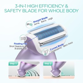 VOYOR Electric Razors for Women 4 in 1 Bikini Trimmer, Foil Shaver for Women 4 Replacement Heads for Body, Pubic Hair Trimmer, Cleansing, Massage 2 Adjustable Speeds Rechargeable Shaver ES501 (Purple)