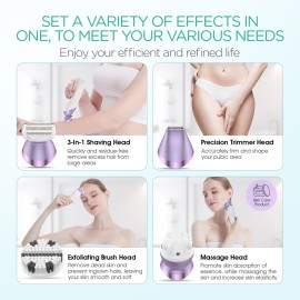 VOYOR Electric Razors for Women 4 in 1 Bikini Trimmer, Foil Shaver for Women 4 Replacement Heads for Body, Pubic Hair Trimmer, Cleansing, Massage 2 Adjustable Speeds Rechargeable Shaver ES501 (Purple)