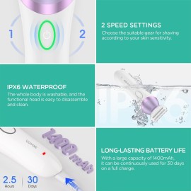 VOYOR Electric Razors for Women 4 in 1 Bikini Trimmer, Foil Shaver for Women 4 Replacement Heads for Body, Pubic Hair Trimmer, Cleansing, Massage 2 Adjustable Speeds Rechargeable Shaver ES501 (Purple)