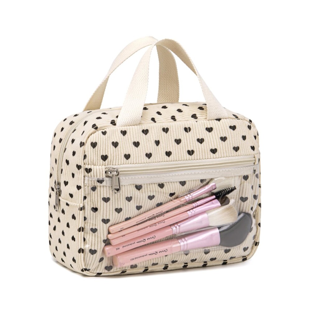 CAMTOP Makeup Bag Women Girls Corduroy Cosmetic Bags Travel Toiletry Purse Zipper Pouch (Black Heart)