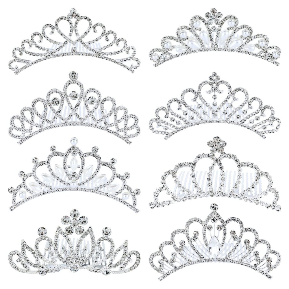 inSowni 8 Pack Decorative Silver Metal Princess Birthday Party Prom Wedding Pearl Rhinestone Crown Hair Side Combs Slides Tiaras Hair Pins Accessories for Kids Teens Girls Women Brides