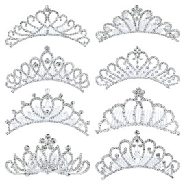 inSowni 8 Pack Decorative Silver Metal Princess Birthday Party Prom Wedding Pearl Rhinestone Crown Hair Side Combs Slides Tiaras Hair Pins Accessories for Kids Teens Girls Women Brides