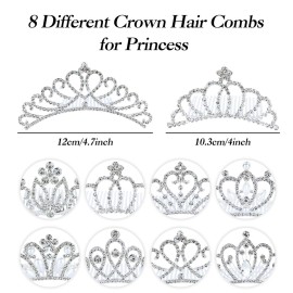 inSowni 8 Pack Decorative Silver Metal Princess Birthday Party Prom Wedding Pearl Rhinestone Crown Hair Side Combs Slides Tiaras Hair Pins Accessories for Kids Teens Girls Women Brides
