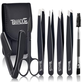 TsMADDTs Professional Stainless Steel Tweezers for Women and Men, 7 Pack Precision Tweezers for Eyebrows with Curved Scissor and Eyebrow Razor for Ingrown Hair