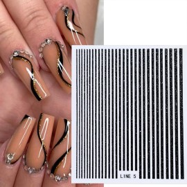 WOKOTO 8 Sheets Glitter Line Nail Stickers for Nail Art, Mix Color French Design Stripes Decals, Self-Adhesive Nail Art Supplies for Women