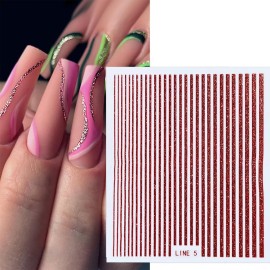 WOKOTO 8 Sheets Glitter Line Nail Stickers for Nail Art, Mix Color French Design Stripes Decals, Self-Adhesive Nail Art Supplies for Women