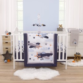 Little Love by NoJo Soar High Little One Navy, Light Blue, Orange, and White Airplanes, Clouds, and Stars Fitted Crib Sheet