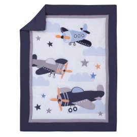 NoJo Little Love Soar High Little One Navy, Light Blue, Orange, and White Airplanes, Clouds, and Stars 3 Piece Nursery Crib Bedding Set - Comforter, Fitted Crib Sheet and Crib Skirt