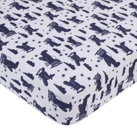 NoJo Little Love Soar High Little One Navy, Light Blue, Orange, and White Airplanes, Clouds, and Stars 3 Piece Nursery Crib Bedding Set - Comforter, Fitted Crib Sheet and Crib Skirt