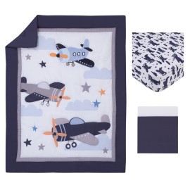 NoJo Little Love Soar High Little One Navy, Light Blue, Orange, and White Airplanes, Clouds, and Stars 3 Piece Nursery Crib Bedding Set - Comforter, Fitted Crib Sheet and Crib Skirt