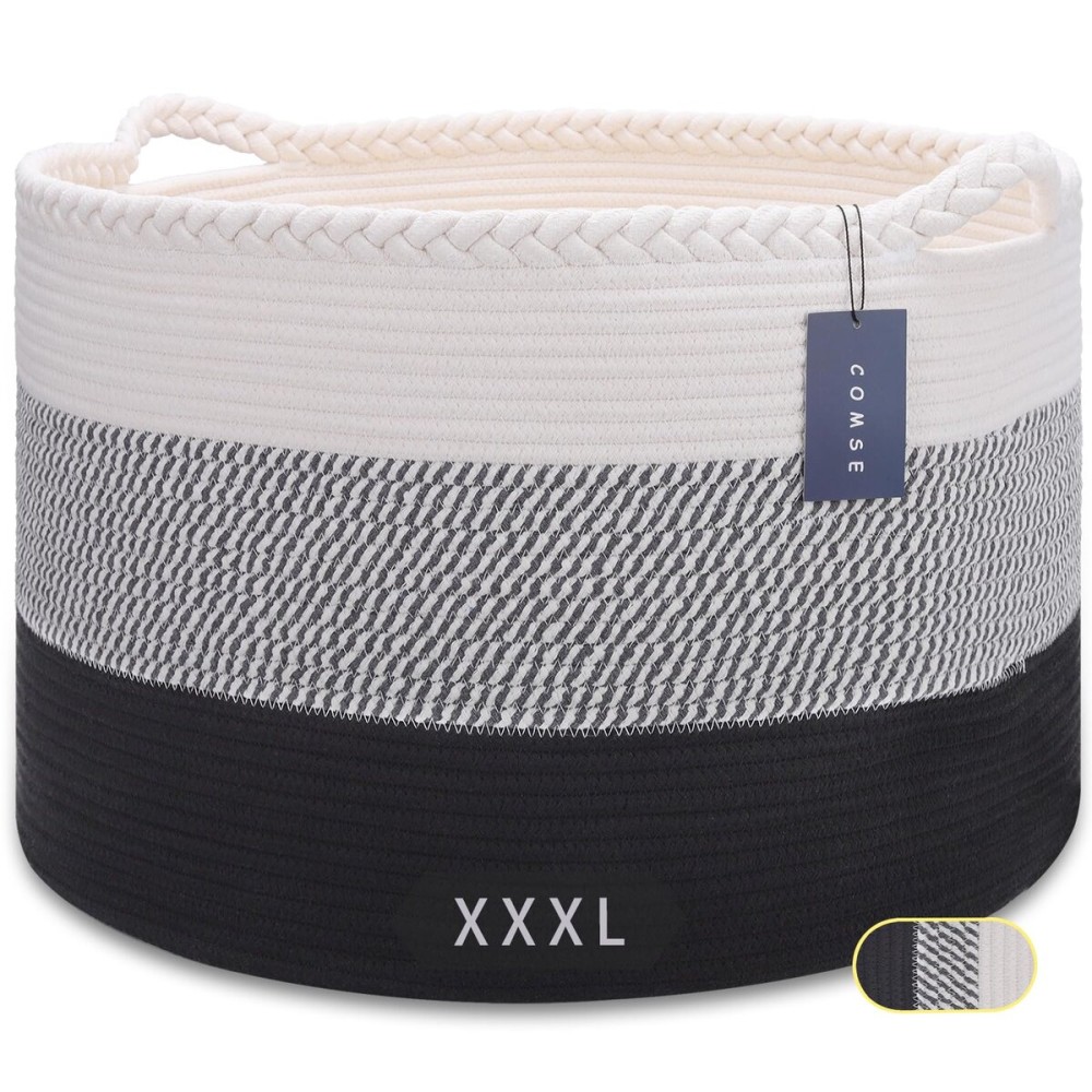 COMSE Extra Large Blanket Basket, Woven Laundry Basket, 21.7x 13.8, Nursery Hamper, Cotton Rope Laundry Hamper Living Room for Storage Toys Clothes Towels (White &Gray &Black)