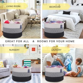 COMSE Extra Large Blanket Basket, Woven Laundry Basket, 21.7x 13.8, Nursery Hamper, Cotton Rope Laundry Hamper Living Room for Storage Toys Clothes Towels (White &Gray &Black)