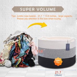 COMSE Extra Large Blanket Basket, Woven Laundry Basket, 21.7x 13.8, Nursery Hamper, Cotton Rope Laundry Hamper Living Room for Storage Toys Clothes Towels (White &Gray &Black)