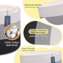 COMSE Extra Large Blanket Basket, Woven Laundry Basket, 21.7x 13.8, Nursery Hamper, Cotton Rope Laundry Hamper Living Room for Storage Toys Clothes Towels (White &Gray &Black)