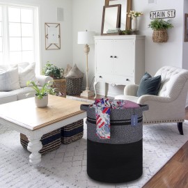 COMSE Extra Large Blanket Basket, Tall Laundry Basket, Nursery Hamper, 15.7x 21.7, Cotton Rope Woven Laundry Hamper for Storage Toys Clothes Towels, Black