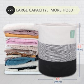 BOSROTY Large Laundry Hamper for Girls Boys Kids 72L, Nursery Hamper, Tall Laundry Basket, Cotton Rope Woven Blanket Basket for Storage Toys Clothes Towels, 16x 22, White & Gray & Black