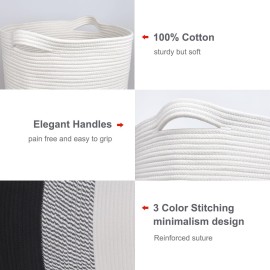 BOSROTY Large Laundry Hamper for Girls Boys Kids 72L, Nursery Hamper, Tall Laundry Basket, Cotton Rope Woven Blanket Basket for Storage Toys Clothes Towels, 16x 22, White & Gray & Black